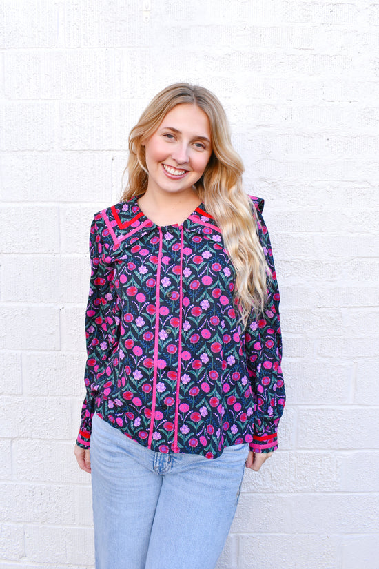 Black Floral Peter Pan Collar Button Down Blouse