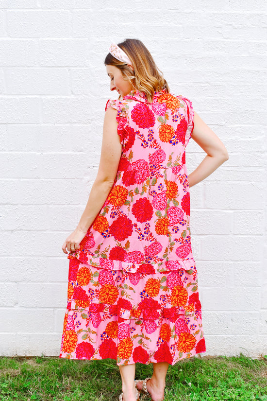 Pink & Orange Floral Midi Dress