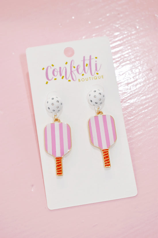 Preppy Pink Stripe Pickleball Earrings