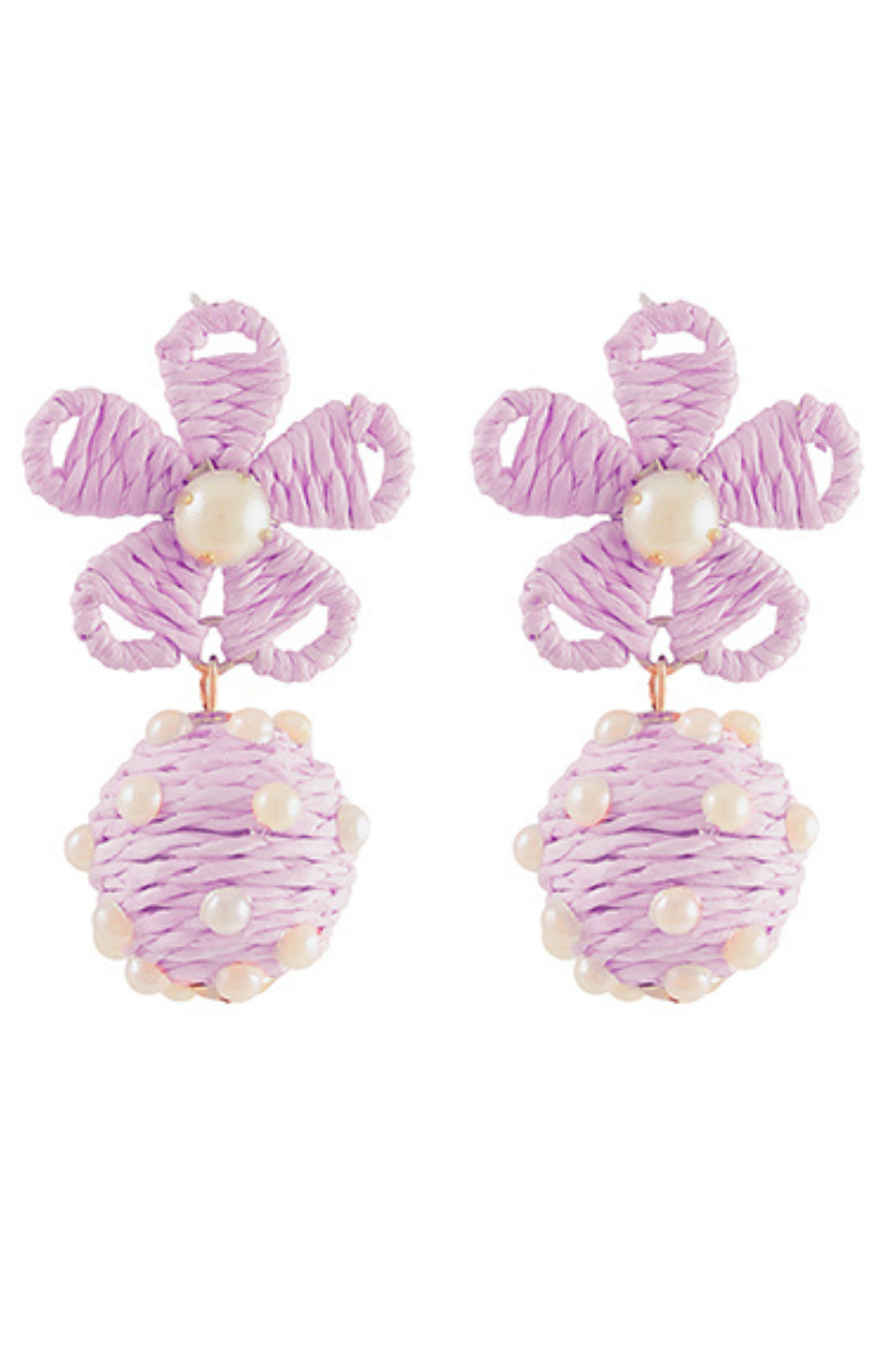 Raffia Flower Pearl Embellished Ball Drop Earrings