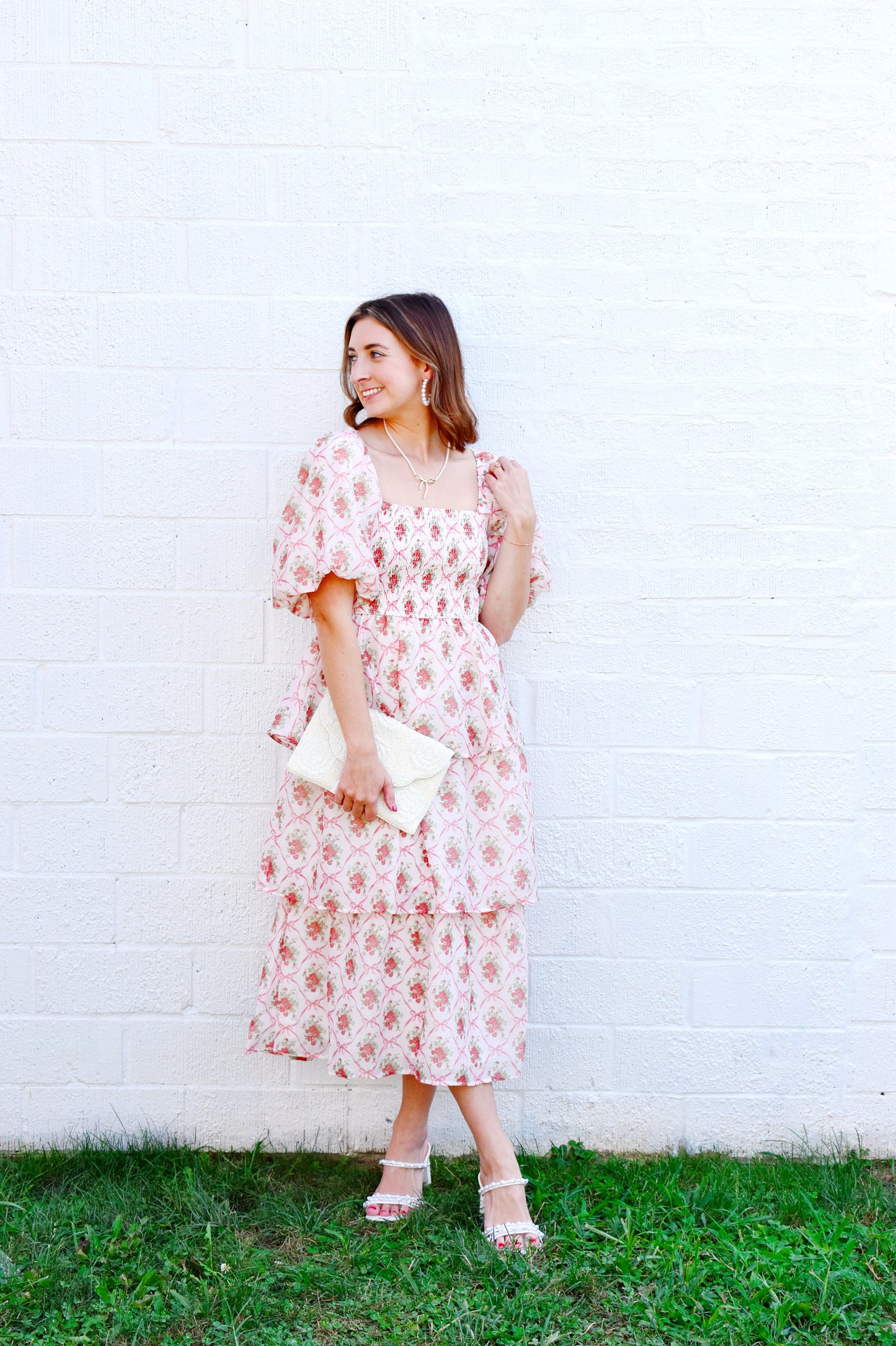 Floral Bow & Rose Printed Tiered Midi Dress