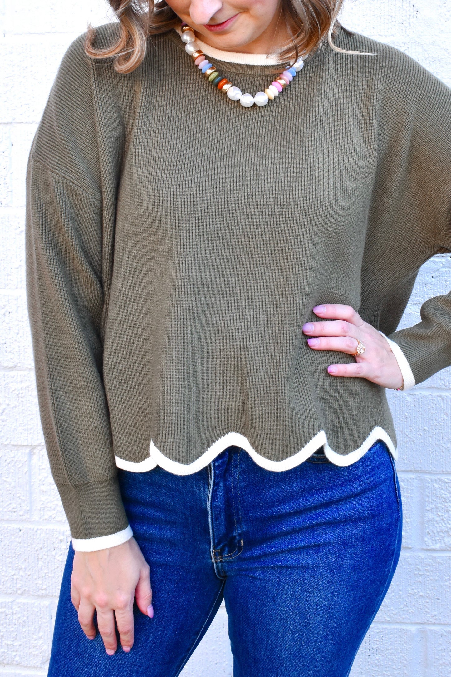 Olive Cream Scallop Sweater