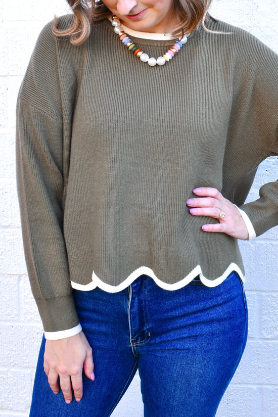 Olive Cream Scallop Sweater