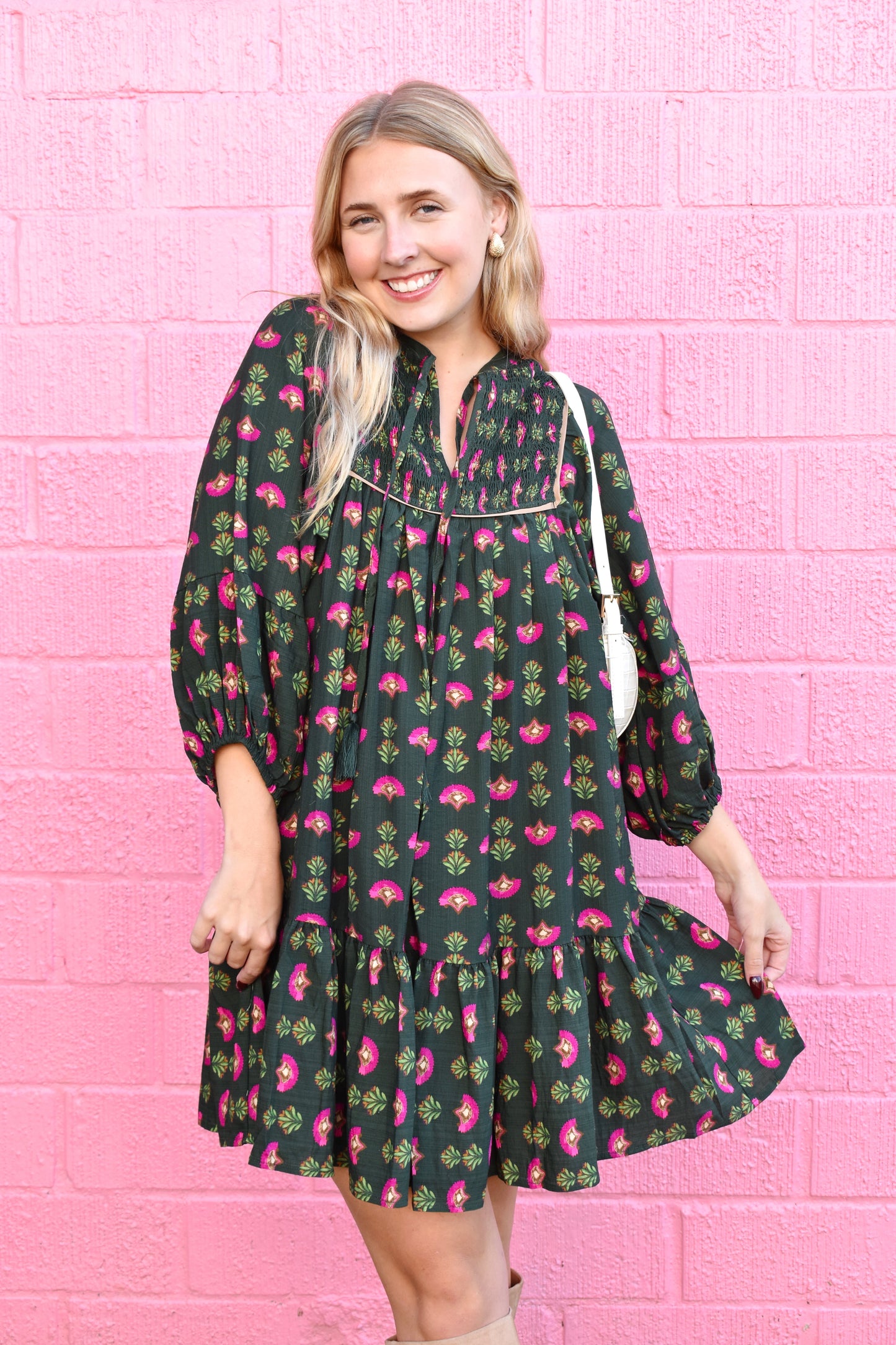 Hunter Green & Pink Floral Mini Dress