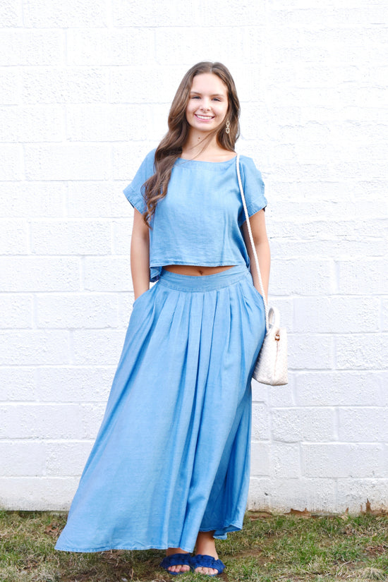 Chambray Cropped Top And Midi Skirt Set