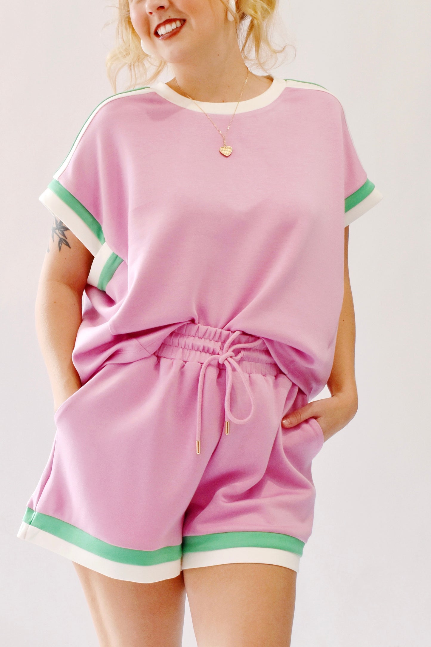 Preppy Pink & Green Drawstring Shorts