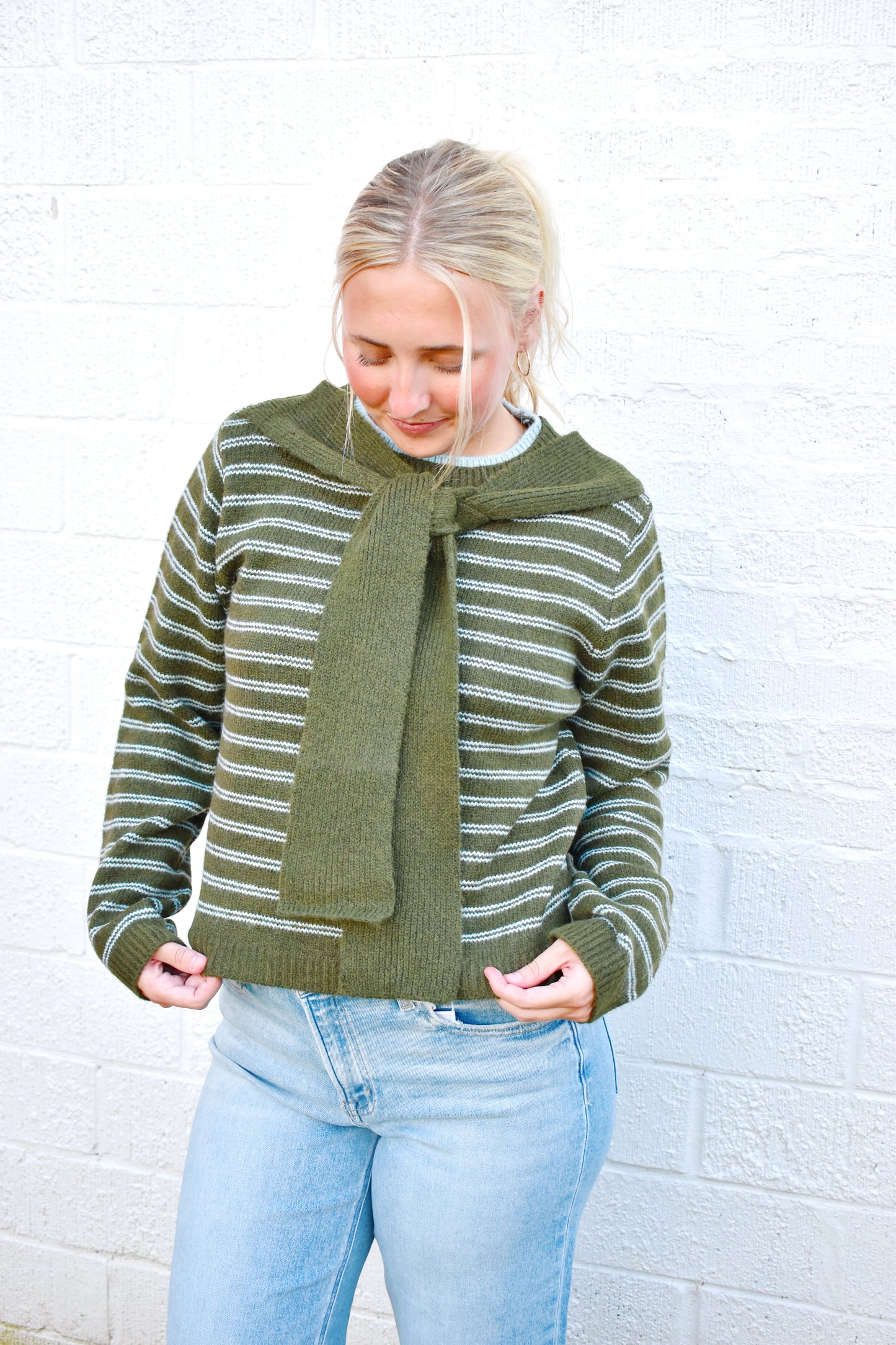Olive & Blue Striped Layered Look Sweater