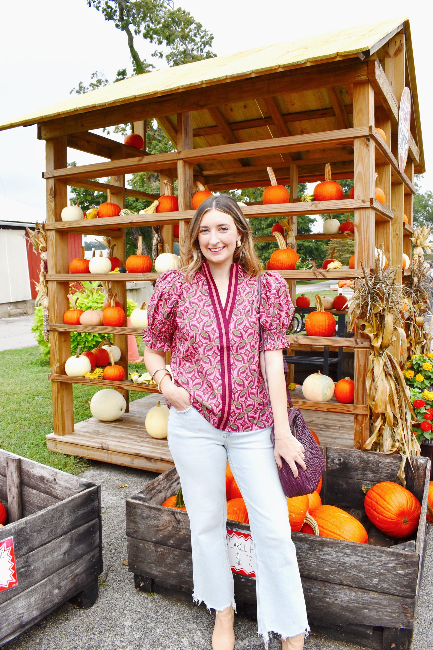 Wine Floral Contrast Trim Blouse