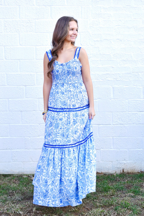 Blue Floral Ric Rac Contrast Maxi Dress