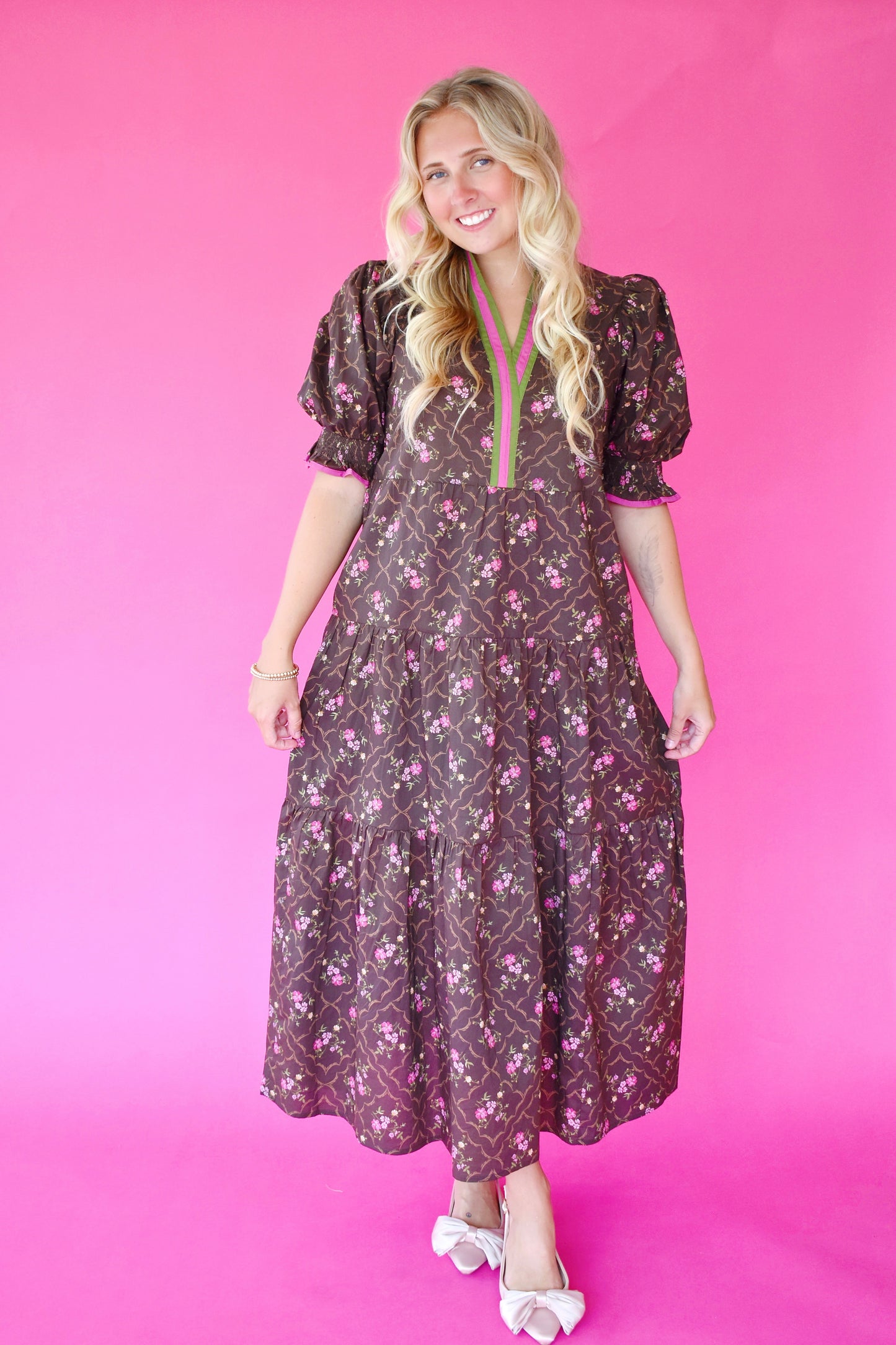 Chocolate Pink Green Floral Midi Dress