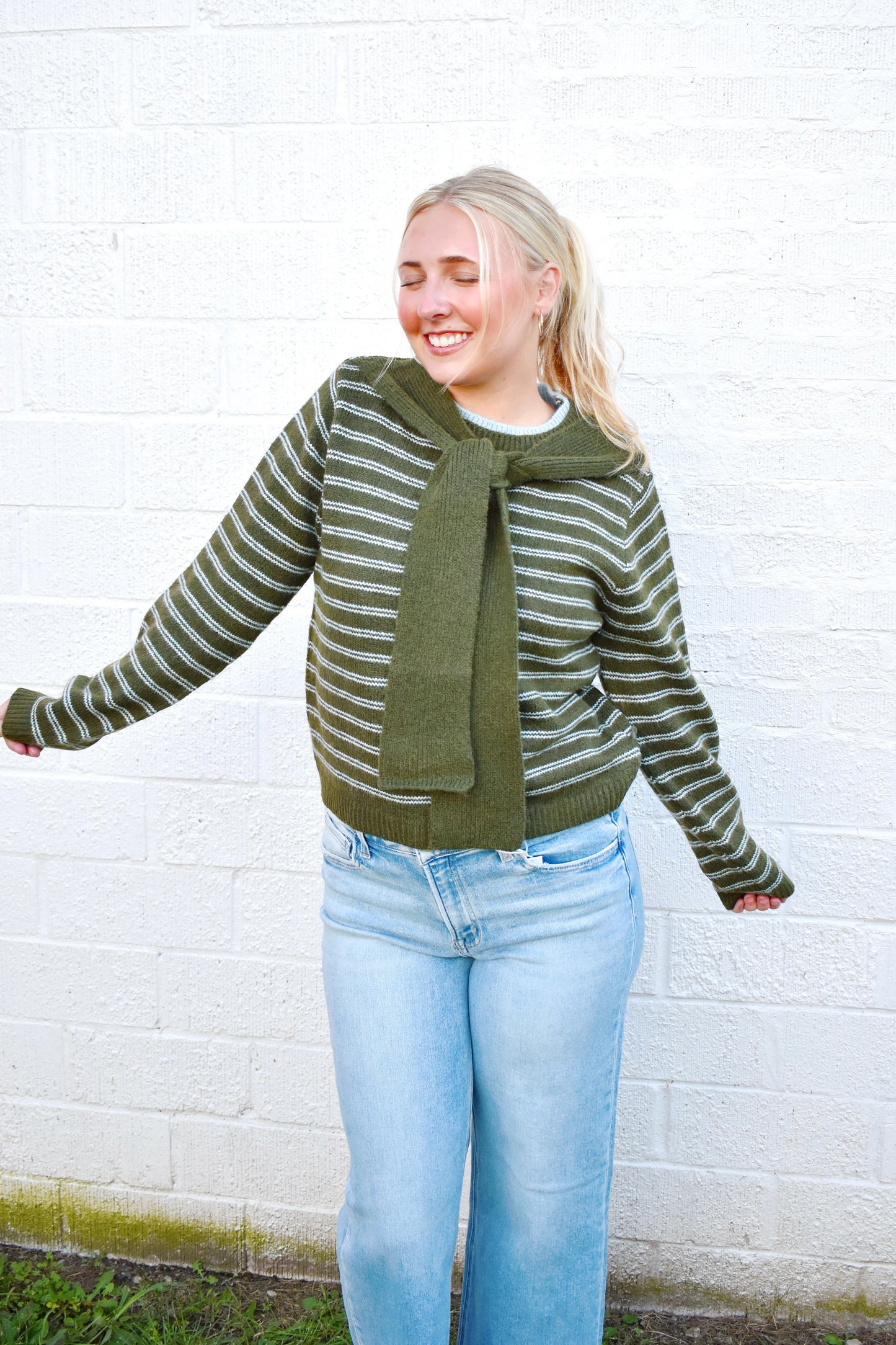 Olive & Blue Striped Layered Look Sweater
