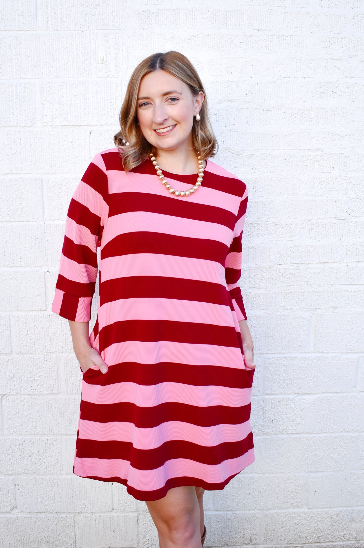Burgundy Pink Striped Cuff Sleeve Dress