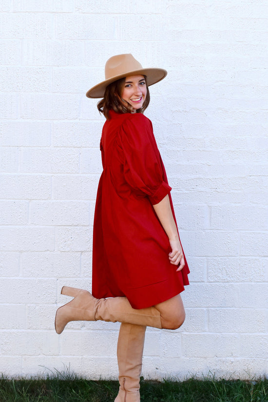 Brick Poplin Frill Neck Dress