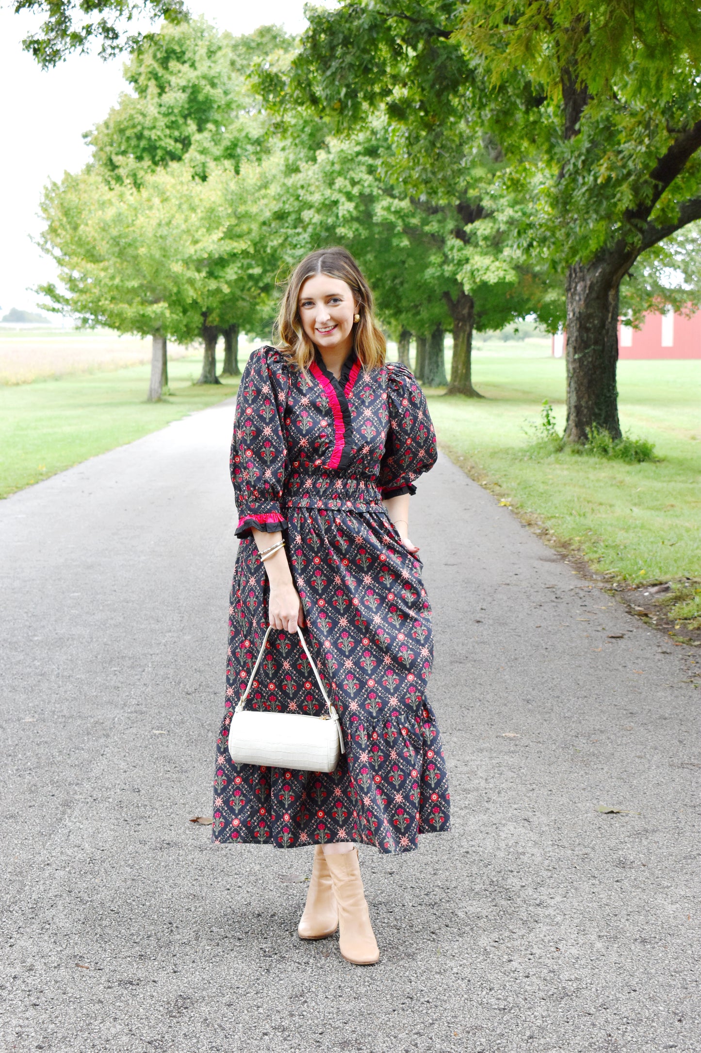 Black Floral Ruffle Neckline Midi Dress