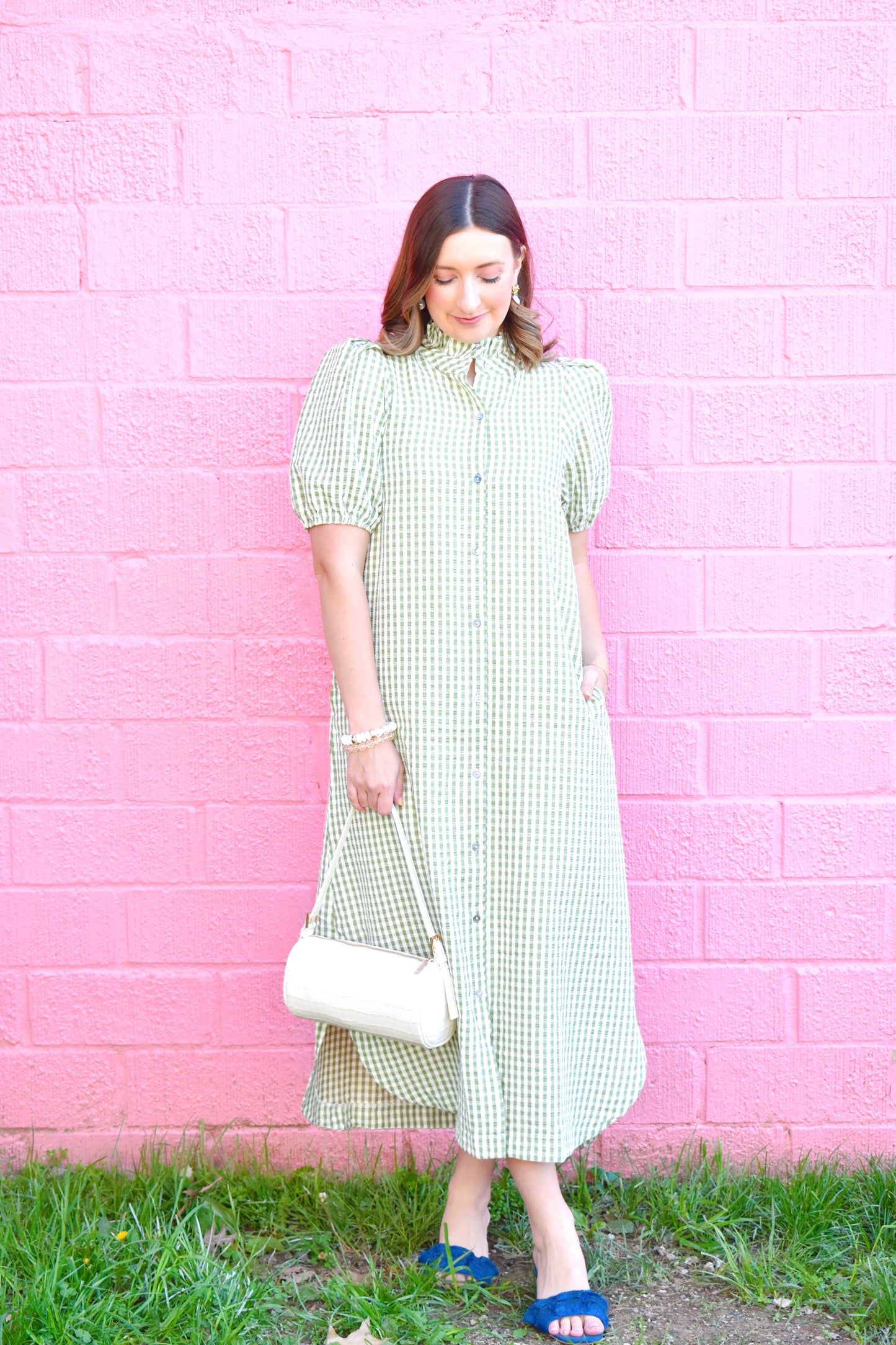 Matcha Gingham Button Down Midi Dress