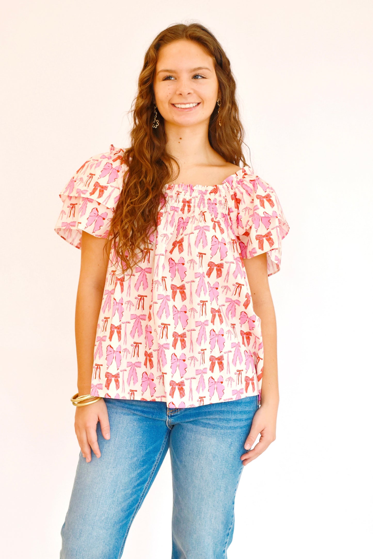 Pink Bow Printed Ruffle Blouse