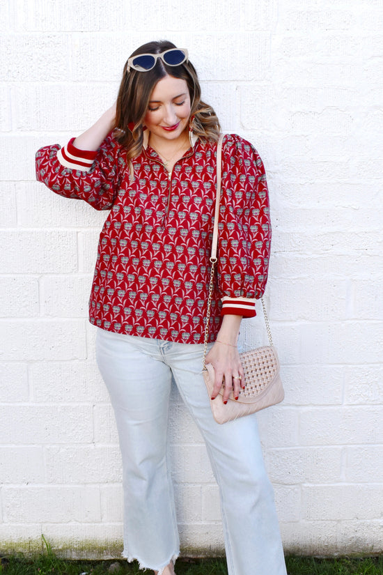 Rust Floral Zip Up Stripe Contrast Top