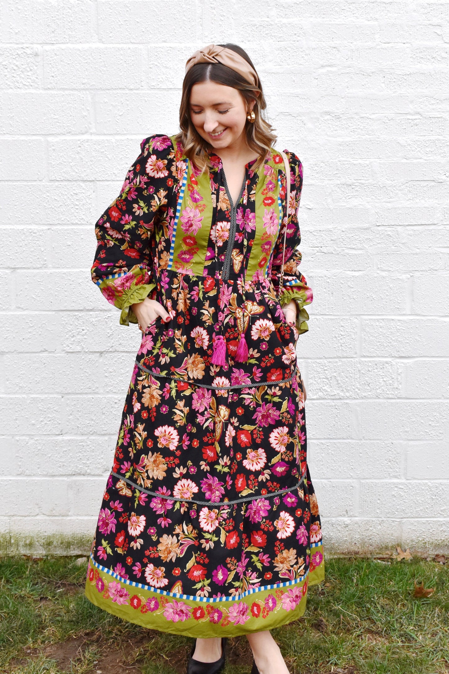 Black Floral Border Midi Dress