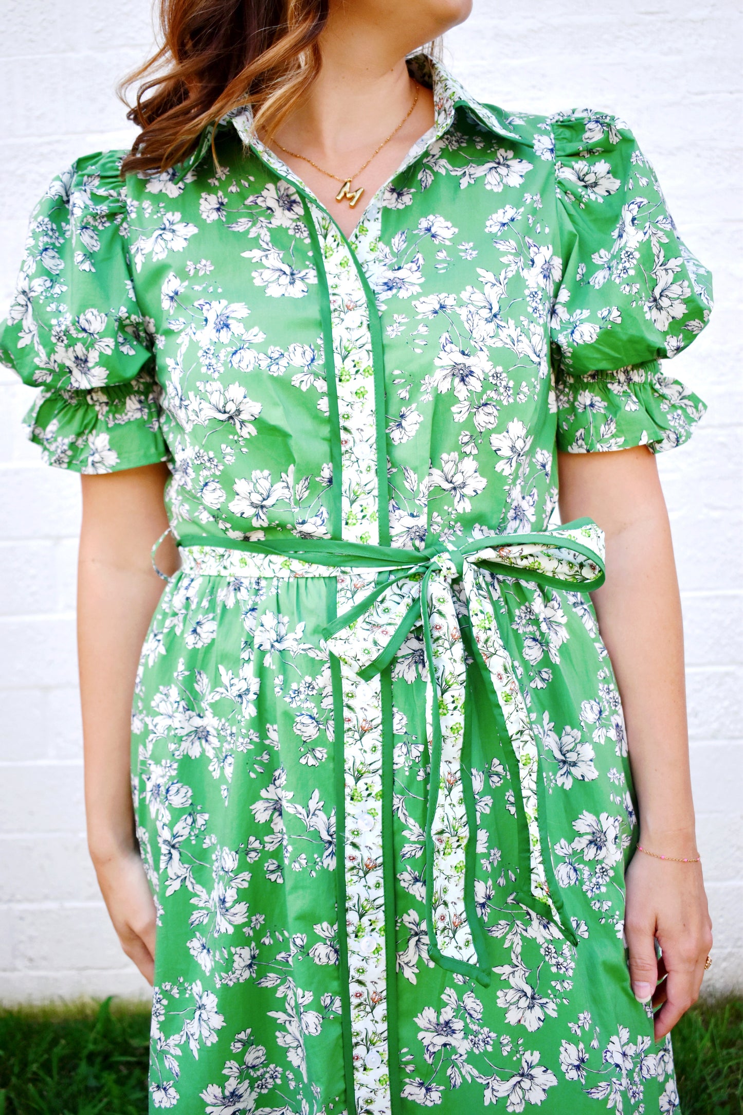 Olive Green Floral Tie Waist Midi Dress