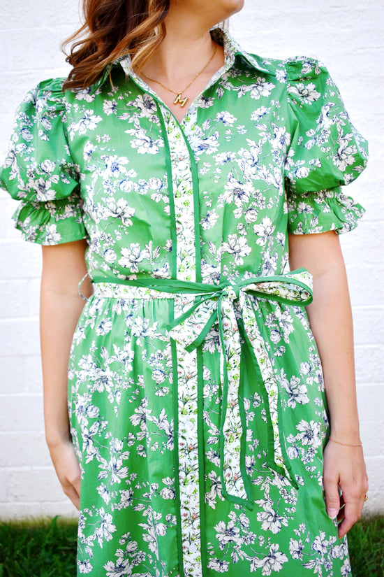 Olive Green Floral Tie Waist Midi Dress