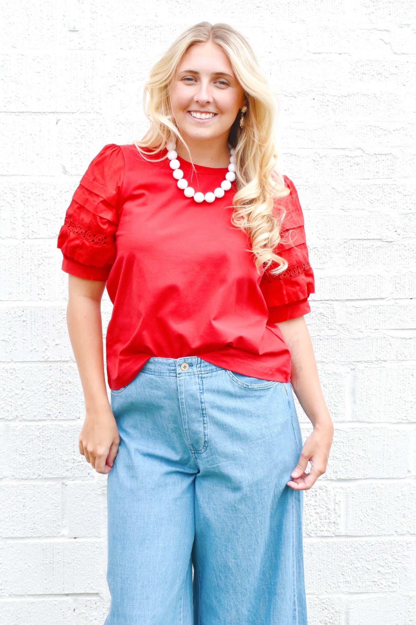 Red Lace Accent Puff Sleeve Top