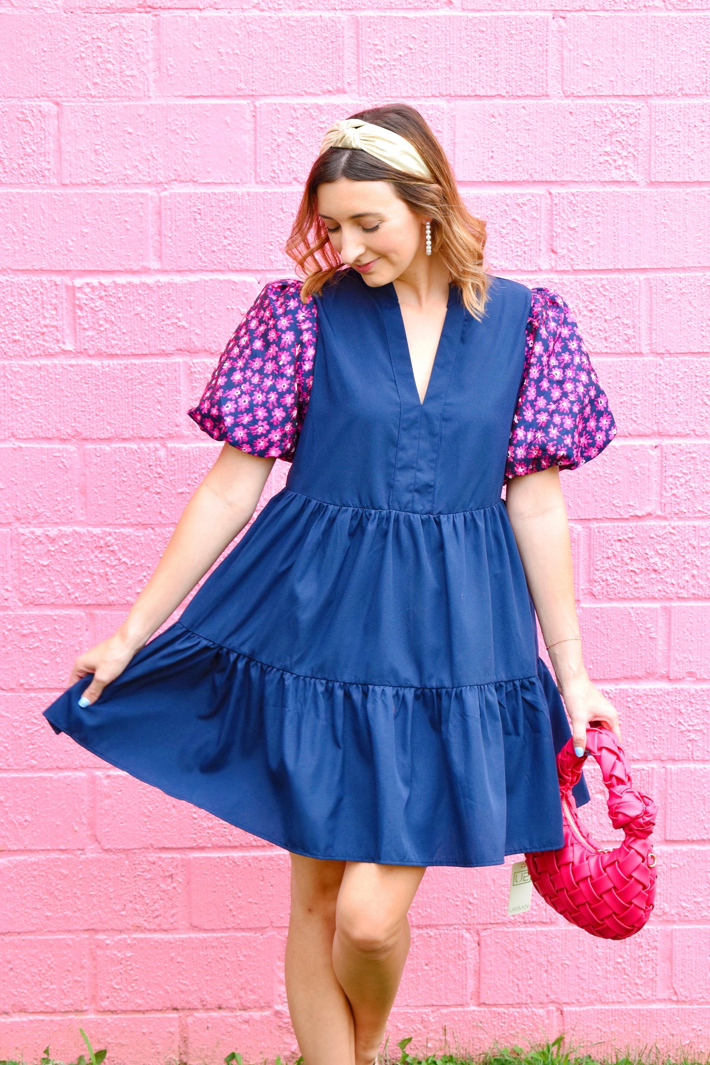 Navy Fuchsia Jacquard Sleeve Dress