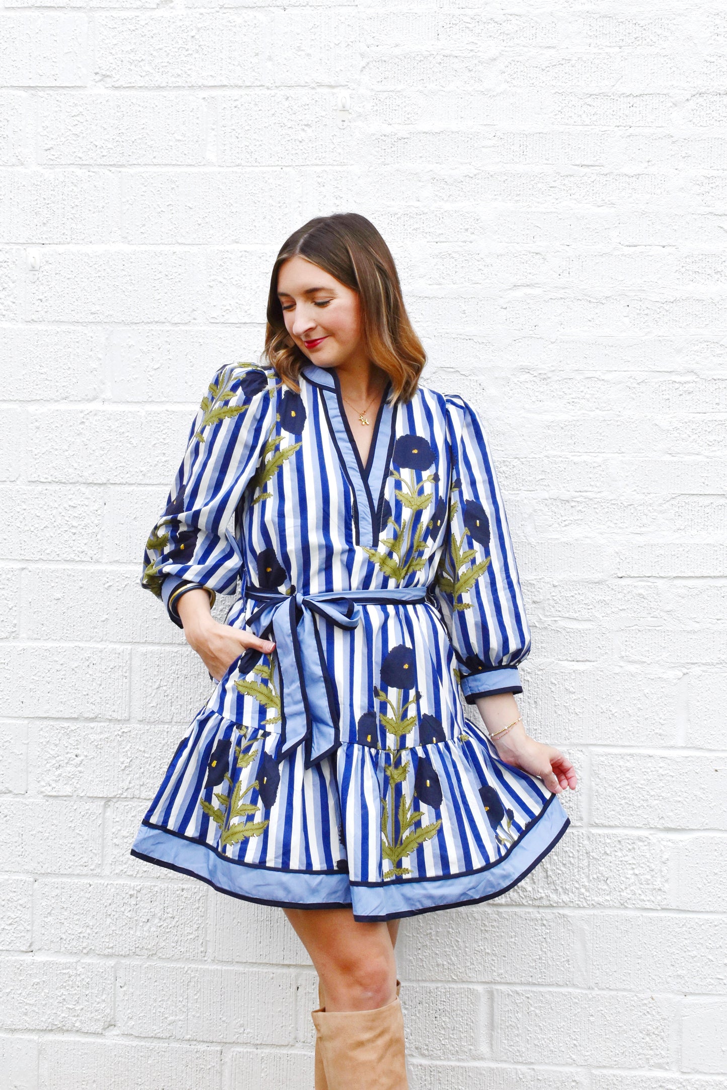 Navy Striped Floral Tie Waist Dress