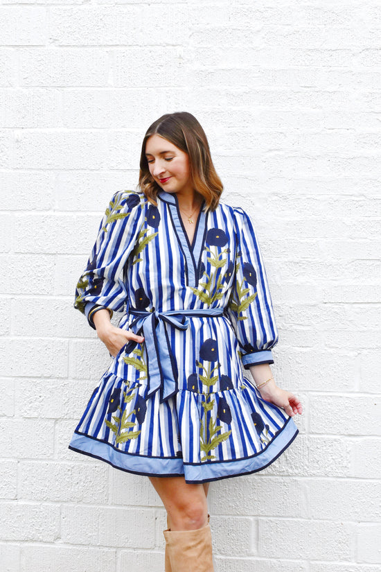 Navy Striped Floral Tie Waist Dress