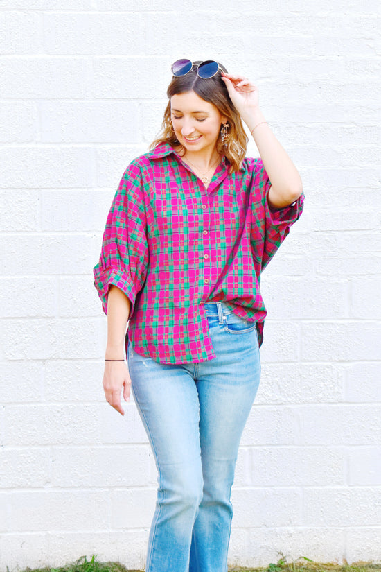 Magenta Plaid Oversized Button Up Top