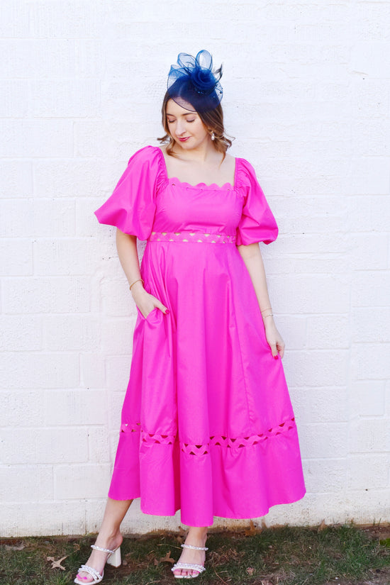 Hot Pink Puff Sleeve Scallop Trim Midi Dress