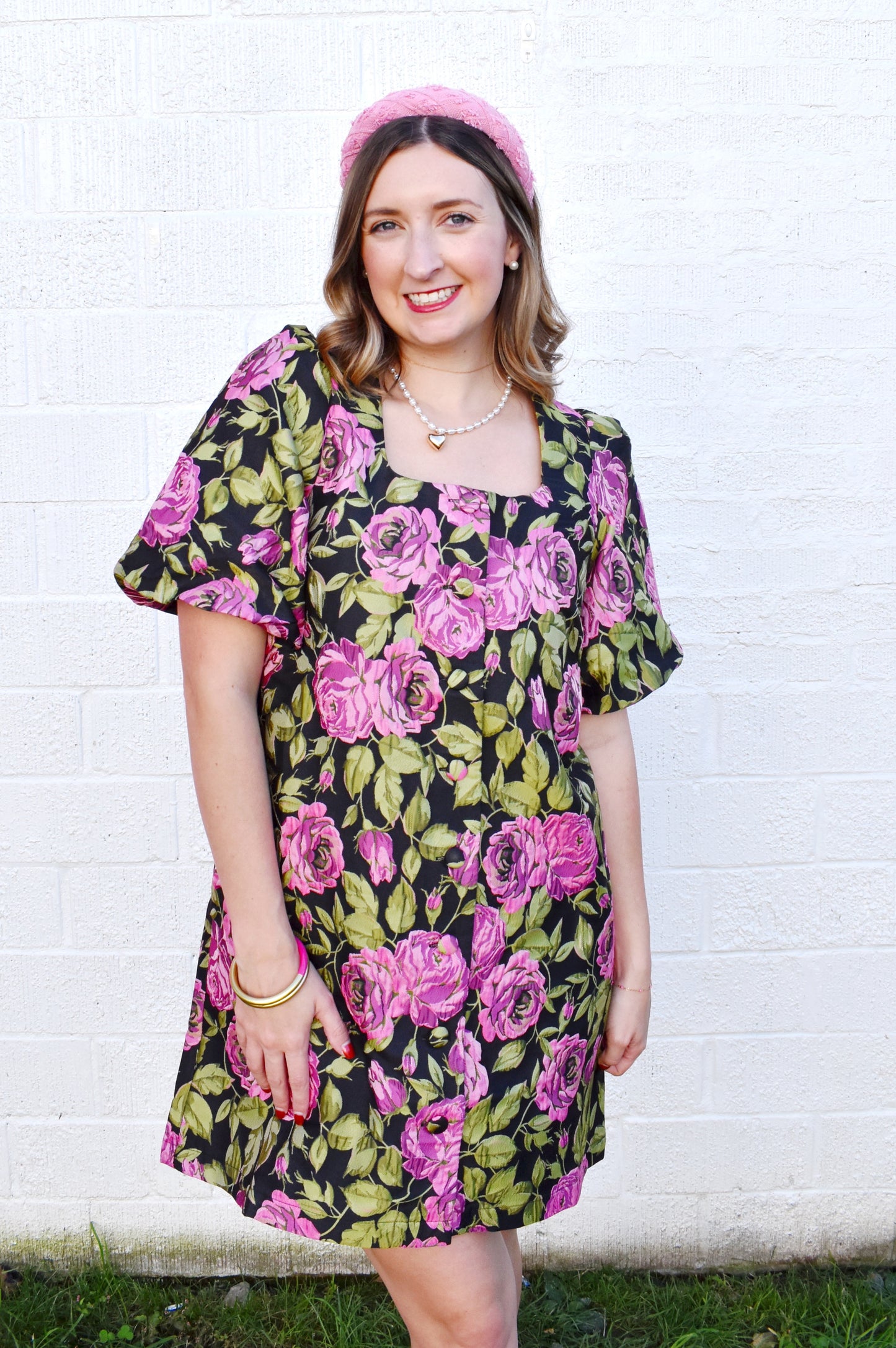 Black Jacquard Floral Button Puff Sleeve Dress