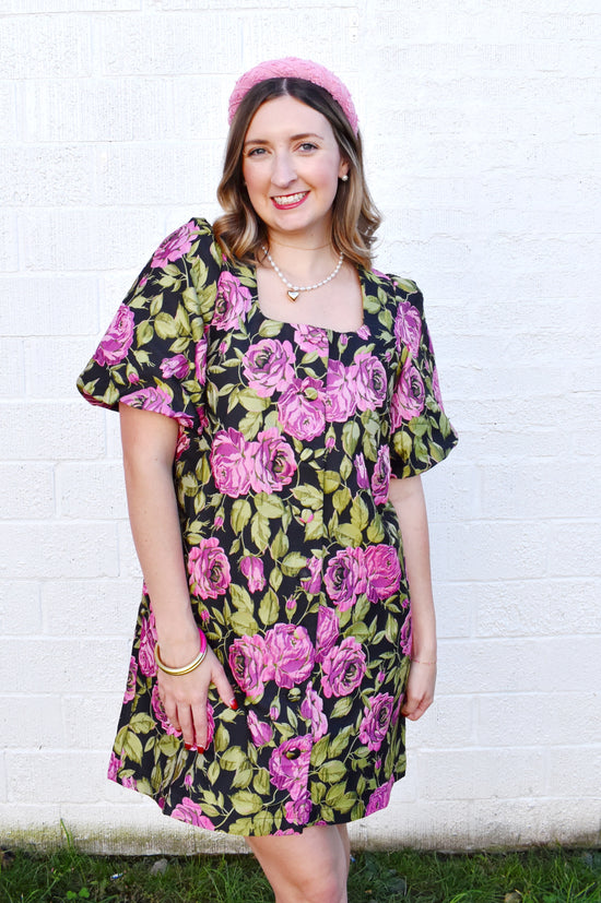 Black Jacquard Floral Button Puff Sleeve Dress