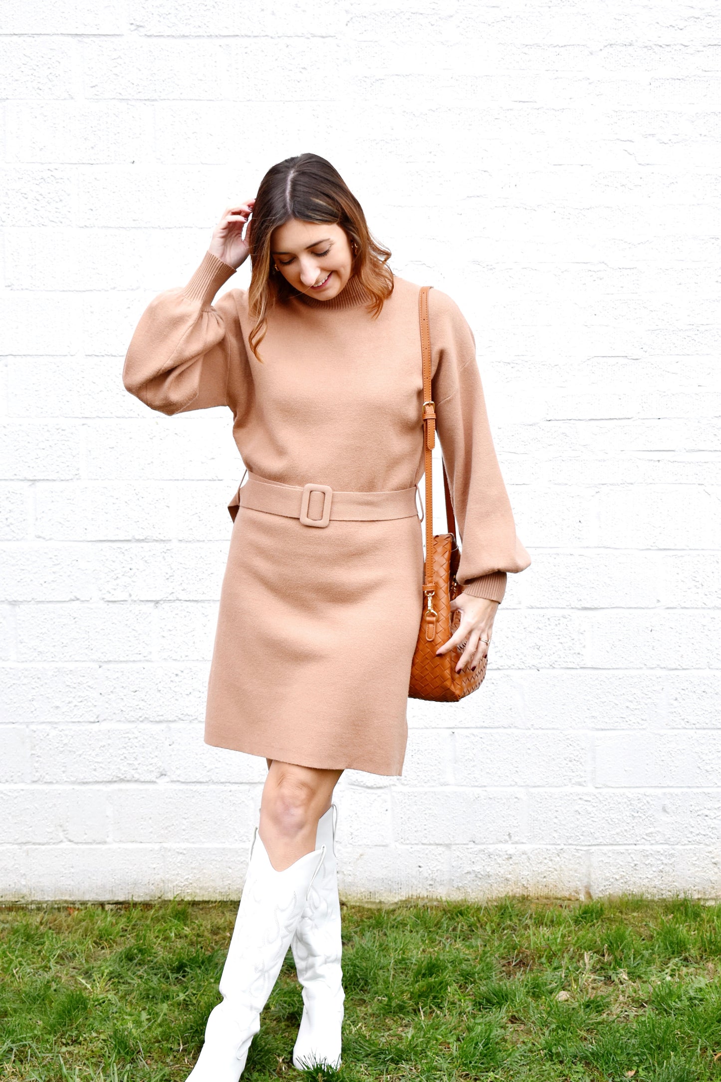 Taupe Belted Sweater Dress