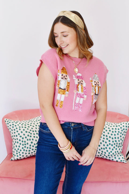 Pink Sequin Nutcracker Sweater Top