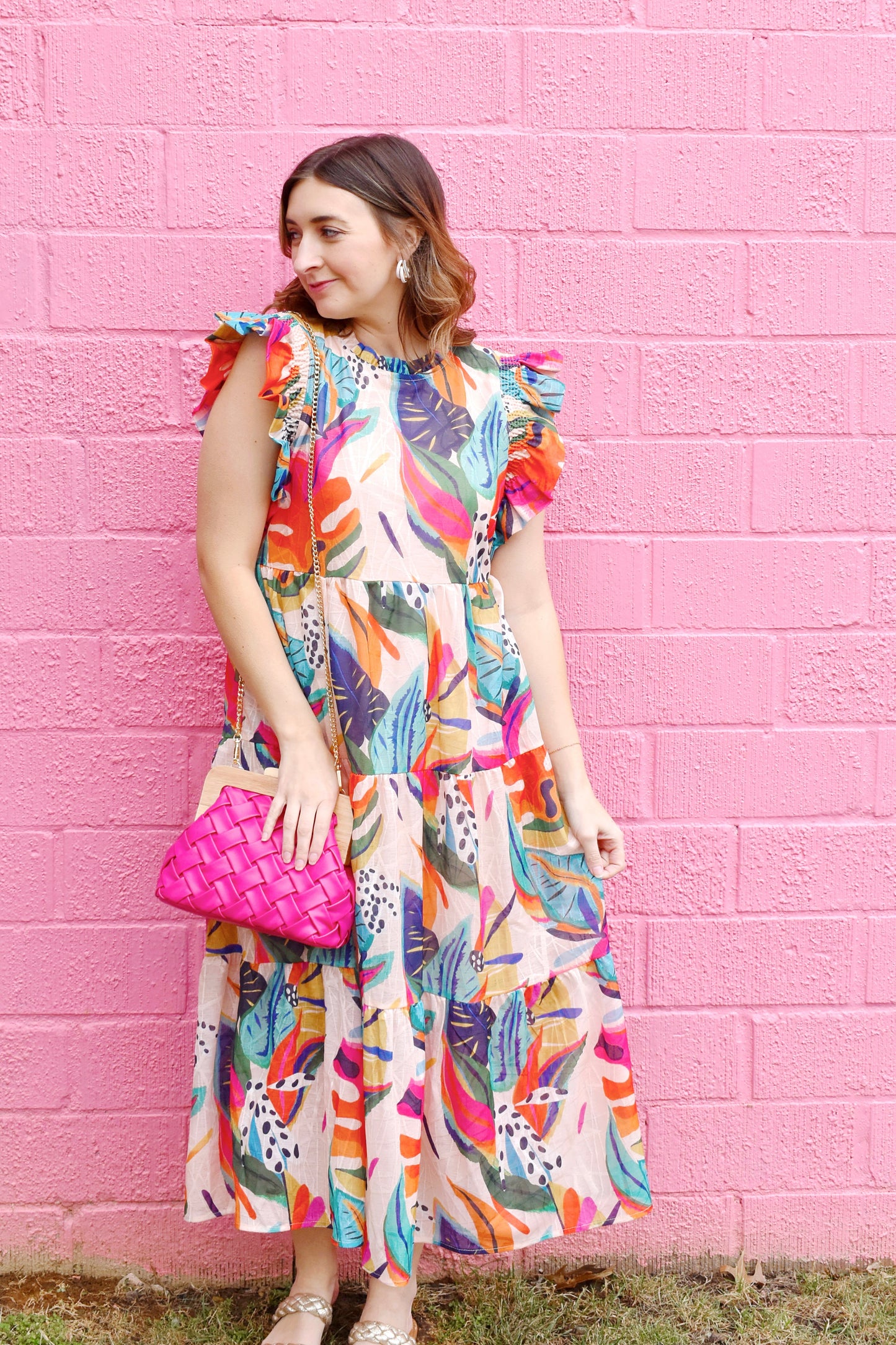 Taupe Tropical Printed Ruffle Midi Dress