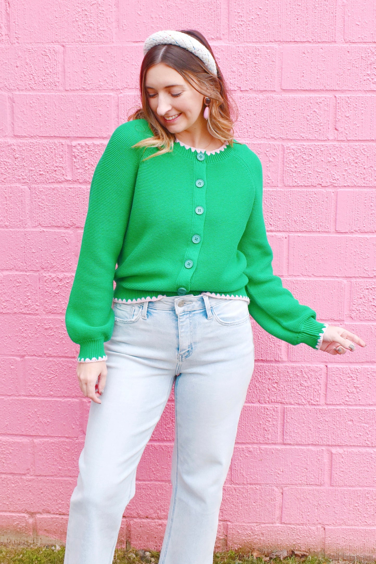 Kelly Green & Pink Blanket Stitch Cardigan Sweater