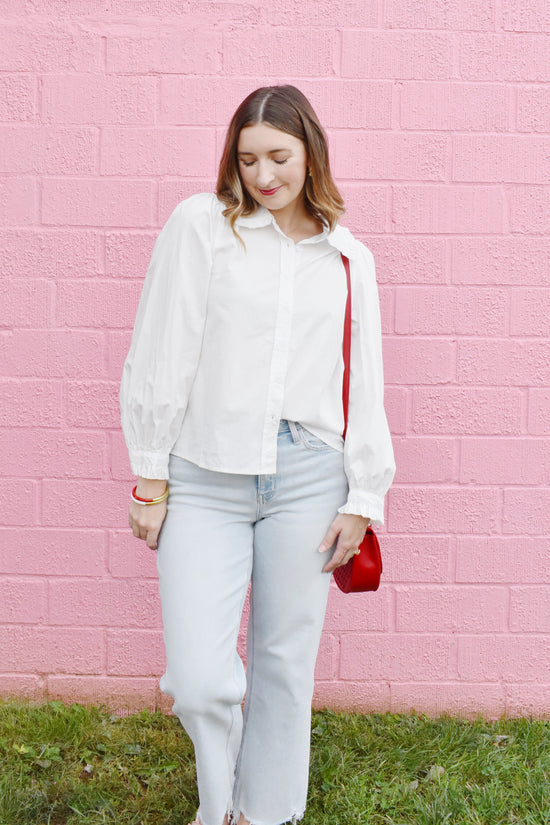 White Ruffle Collared Button Down