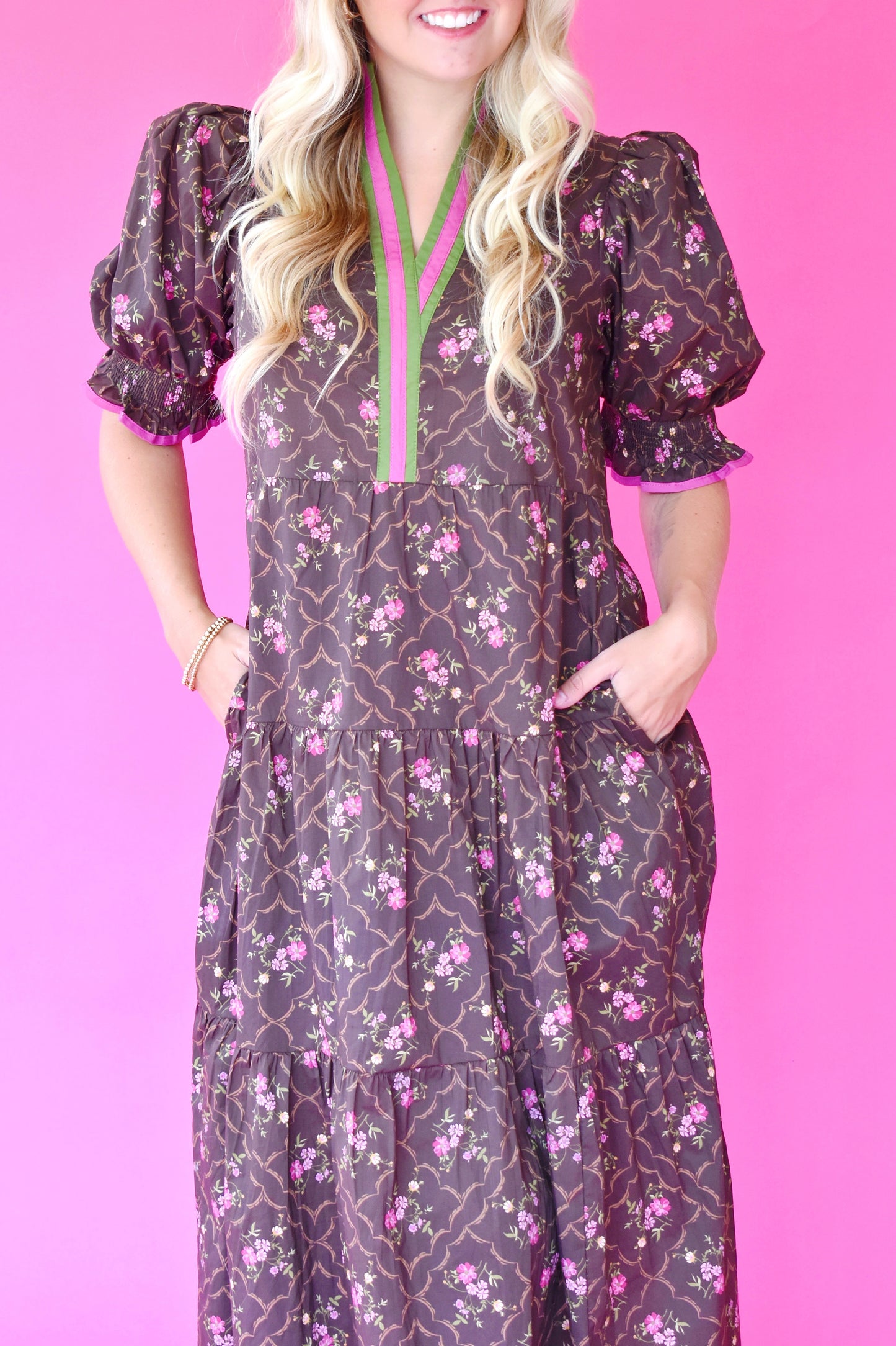 Chocolate Pink Green Floral Midi Dress