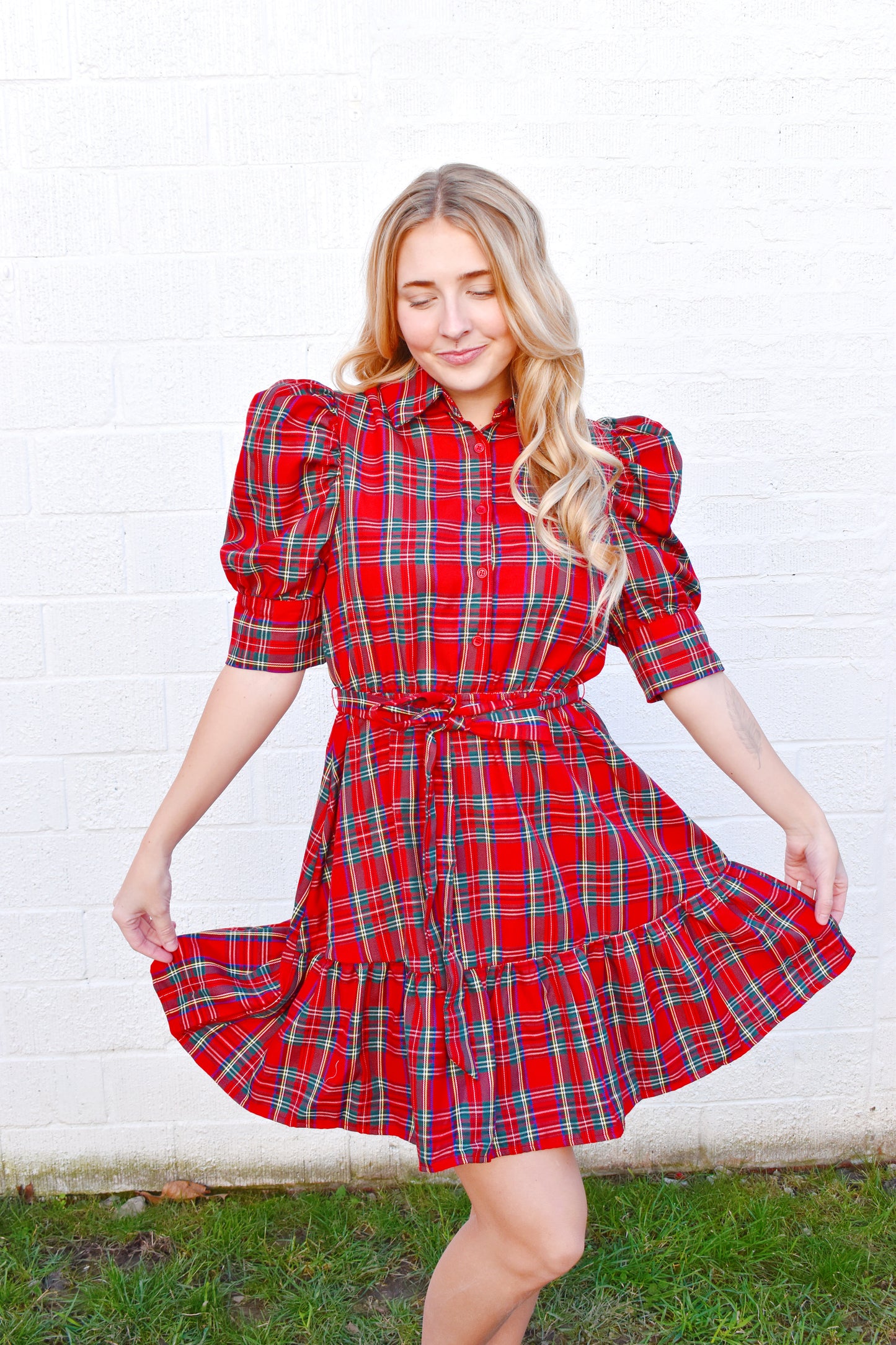 Red Tartan Plaid Tie Waist Dress