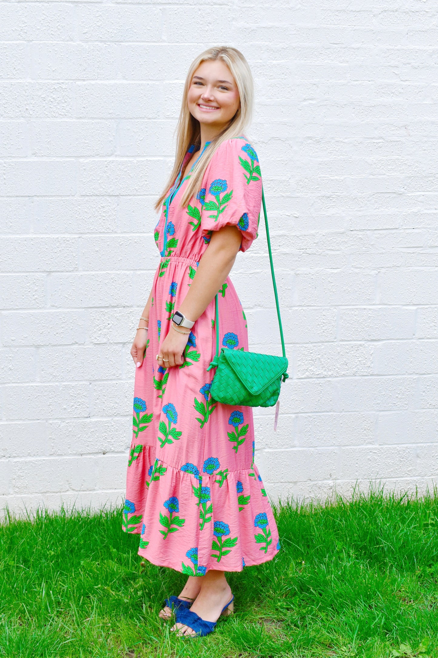Pink Preppy Floral Puff Sleeve Midi Dress