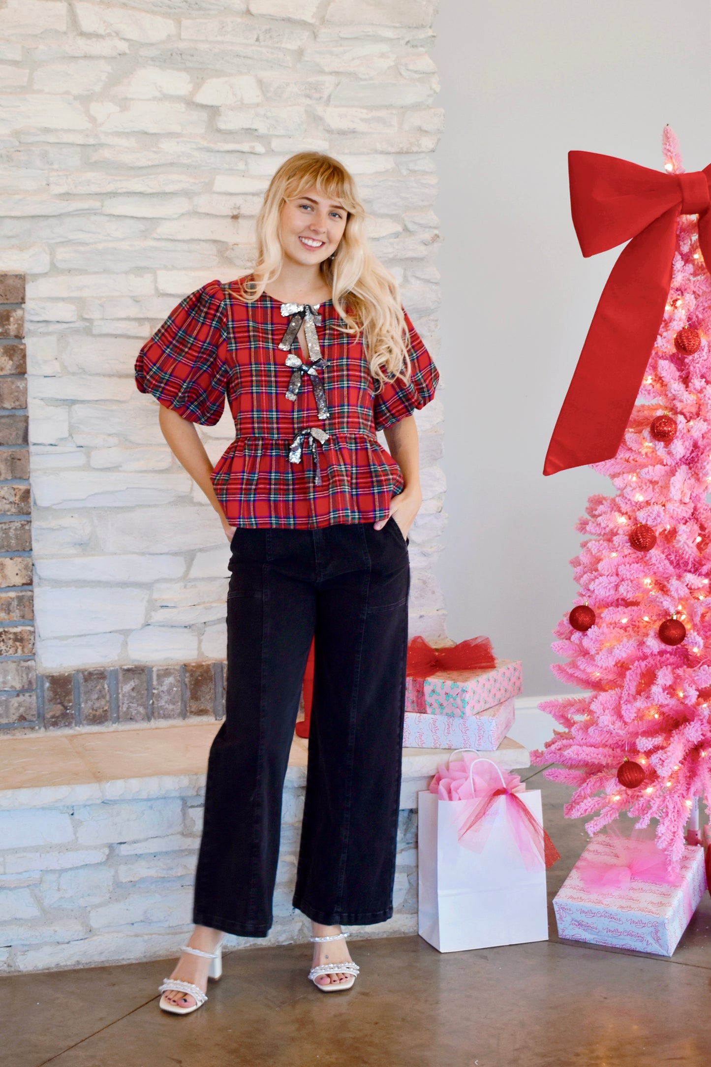 Tartan Sequin Bow Peplum Top