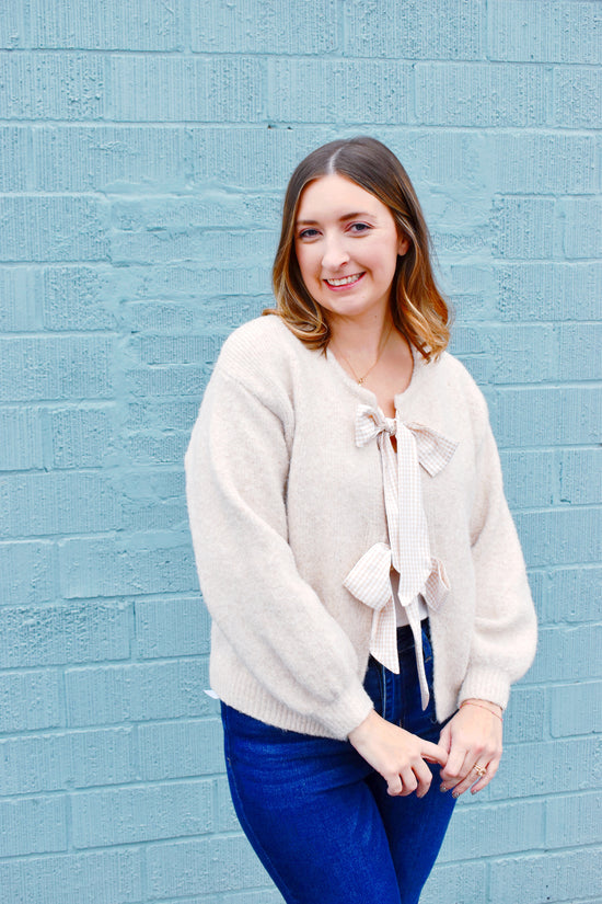 Beige Gingham Bow Cardigan Sweater