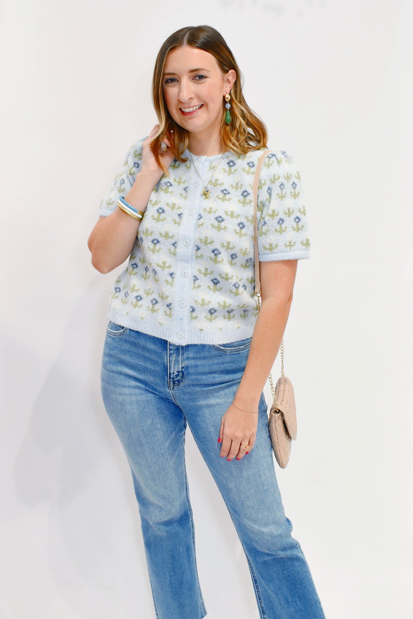 Blue Green Floral Short Sleeve Cardigan