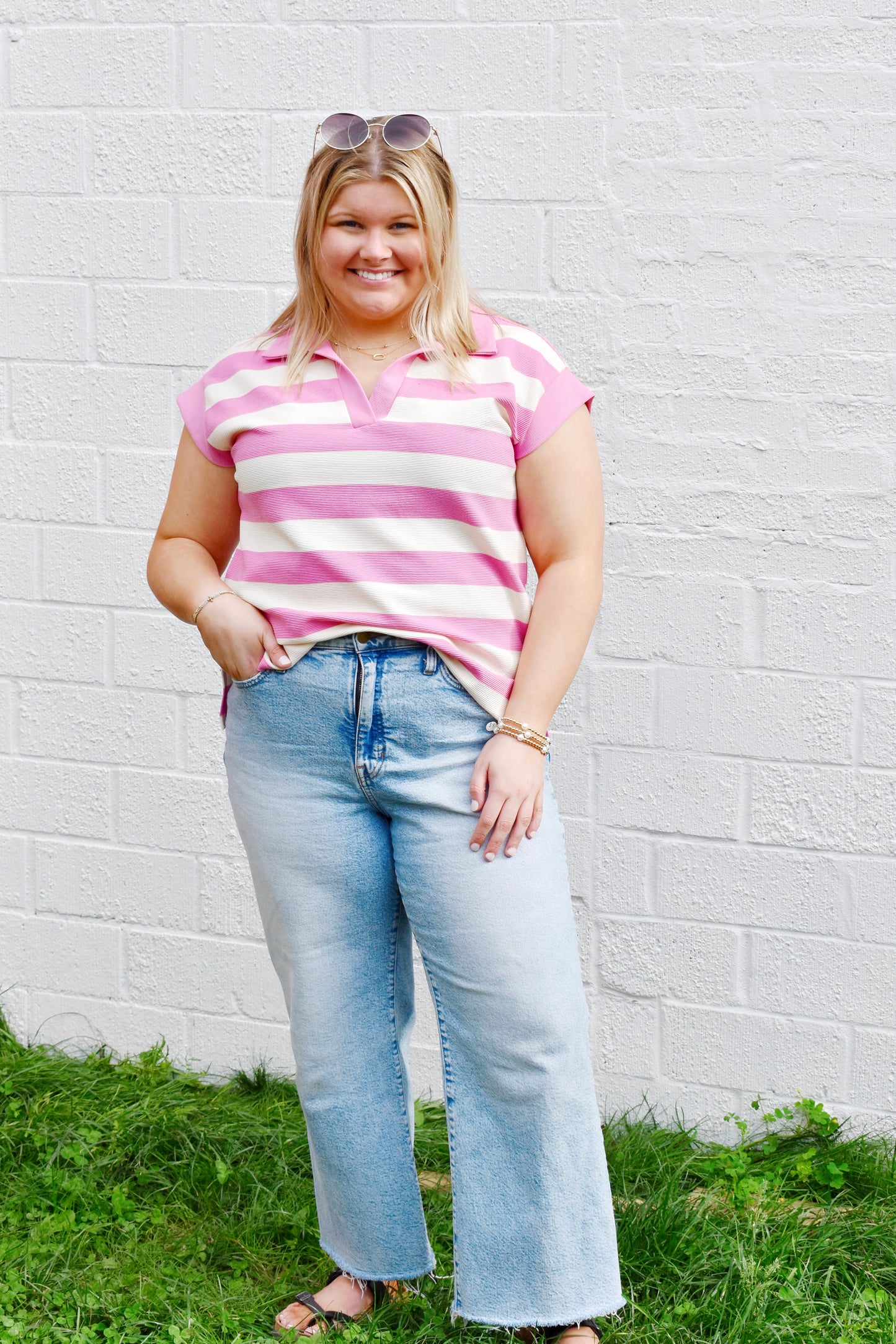 Pink Striped Textured Collar Top