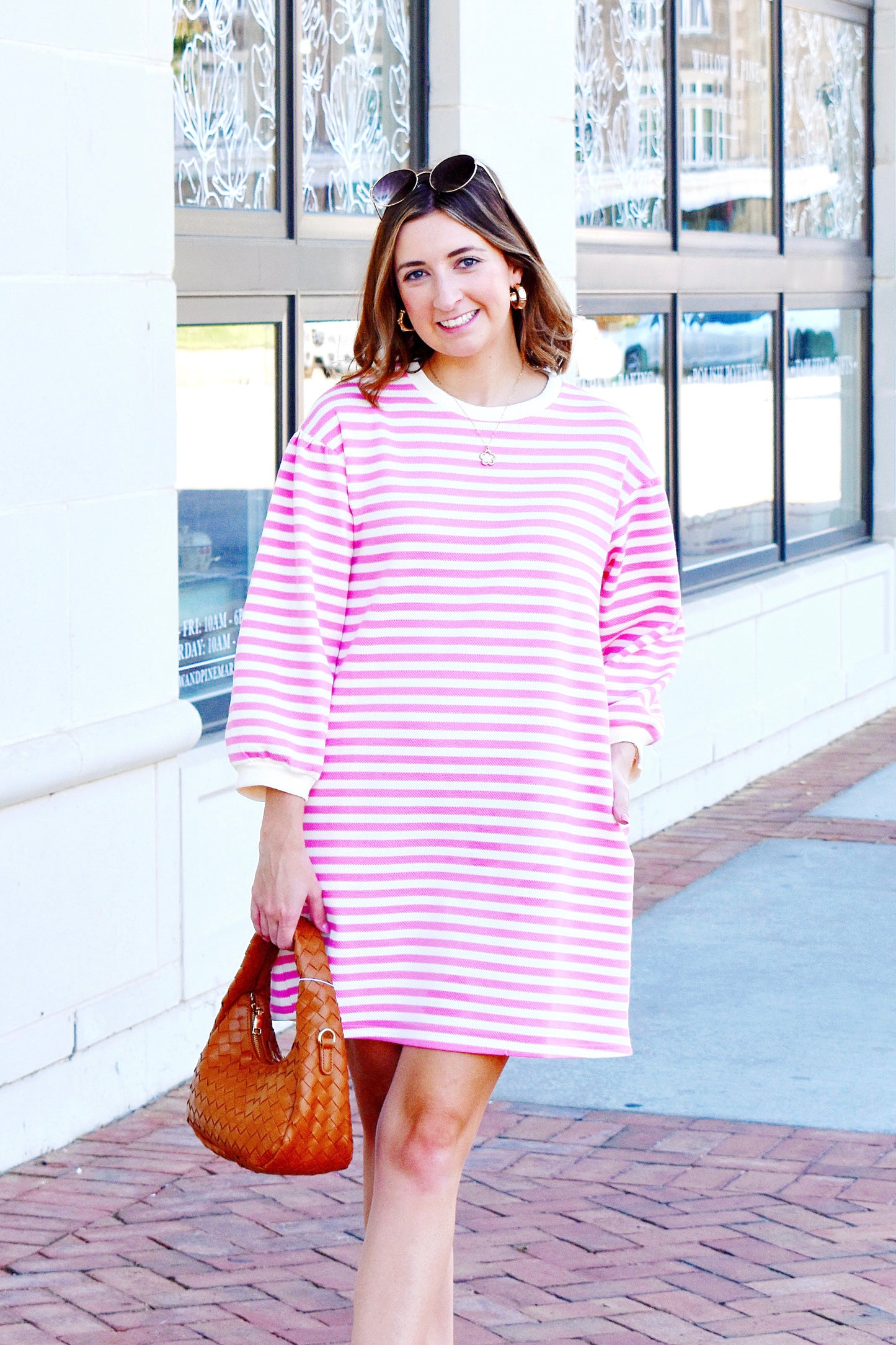 Pink Striped Bubble Sleeve Dress