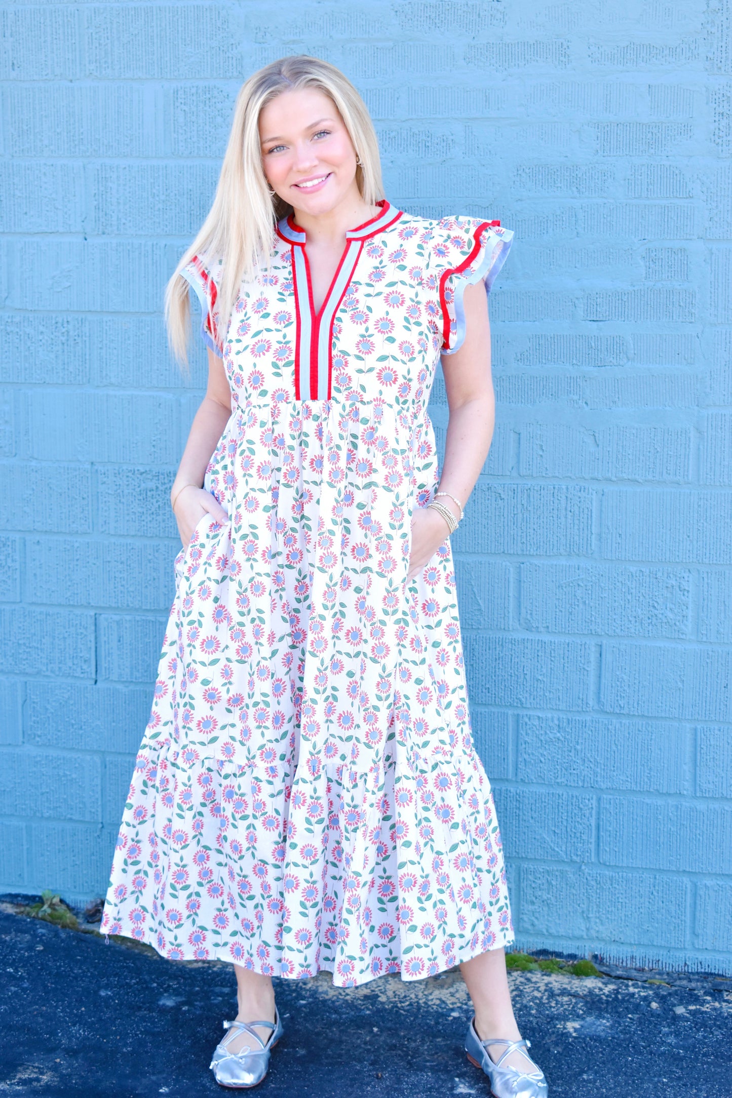 Blue & Red Floral Contrast Trim Midi Dress