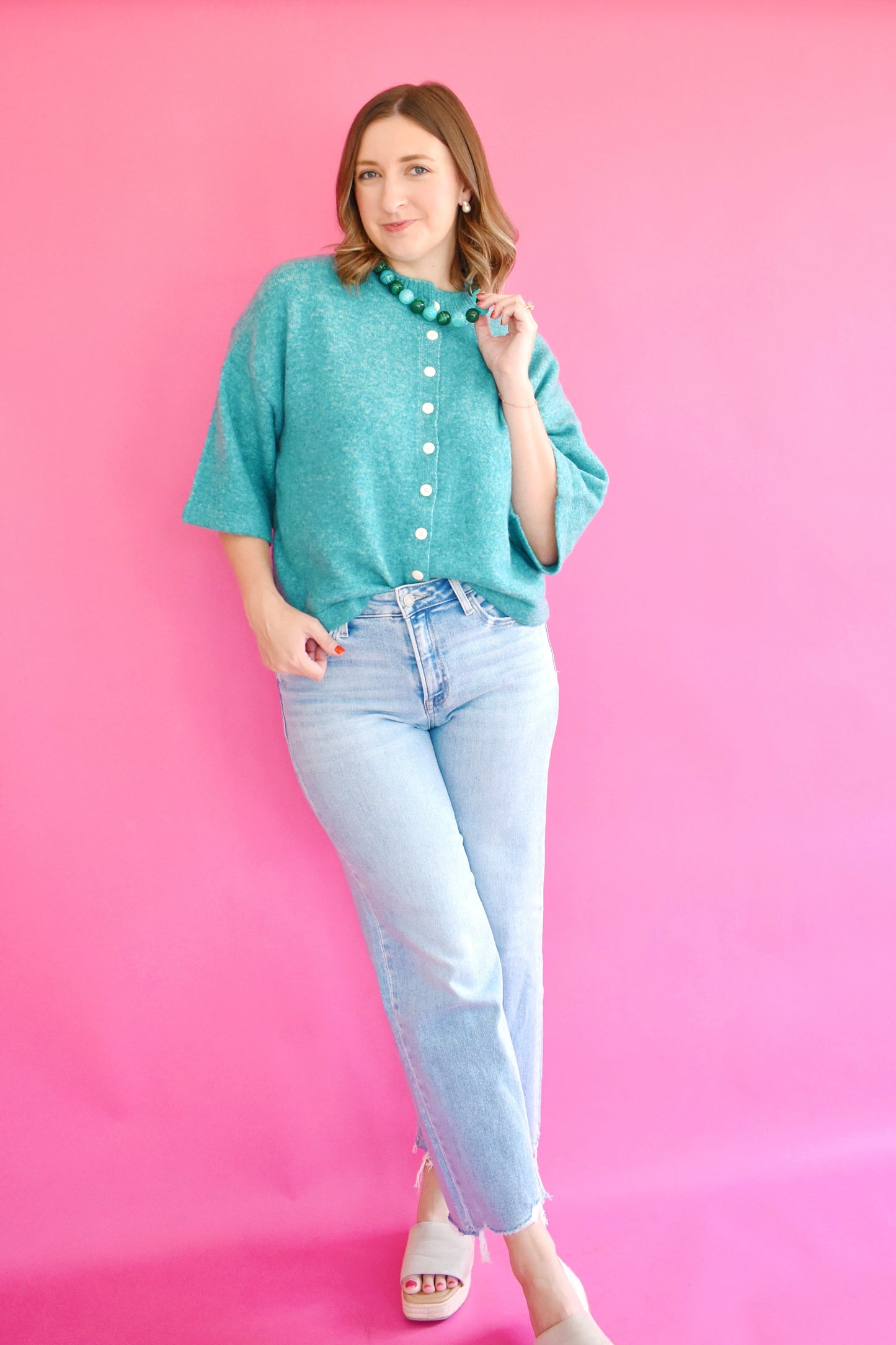 Teal Green Button Down Short Sleeve Cardigan