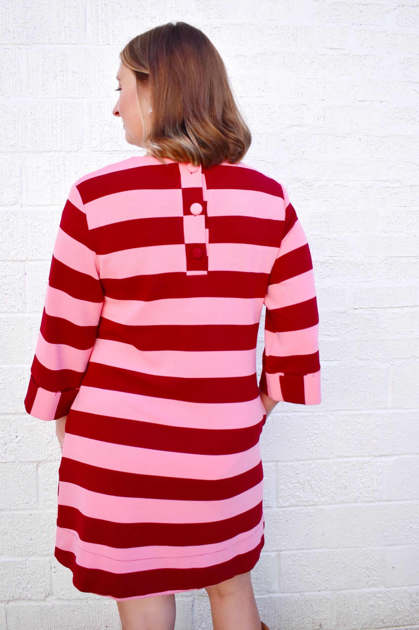 Burgundy Pink Striped Cuff Sleeve Dress
