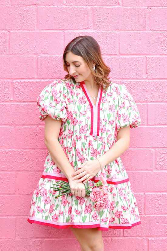 Pink & Red Trim Floral Puff Sleeve Dress