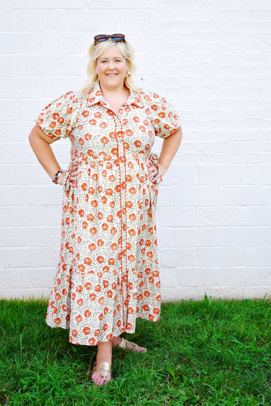 Plus Rust Floral Button Down Midi Dress
